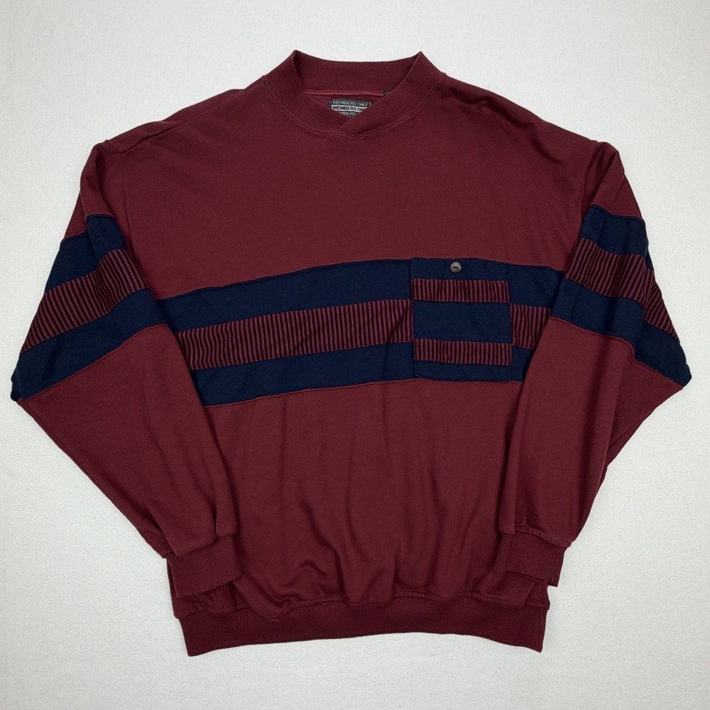 Vintage Members Only Mens Large Burgundy Navy Colorblock Striped Sweatshirt